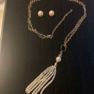 Vintage Imitation Pearl White n Clear Beads Tassel Pendant Necklace w/ Earrings